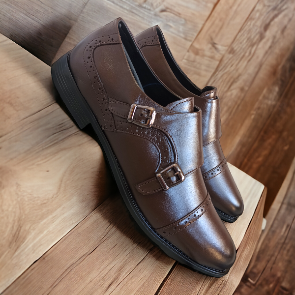pure leather brown monk shoes 